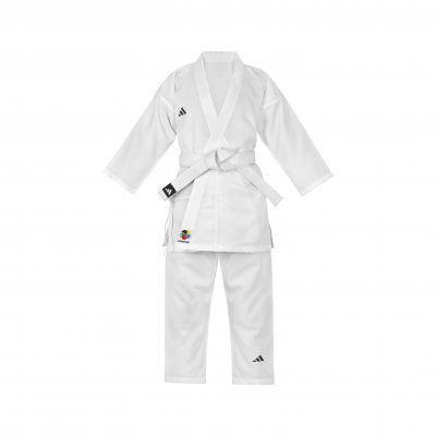 KARATEGI Adidas K150 Kumite blanc WKF approuvé vue de face complète.