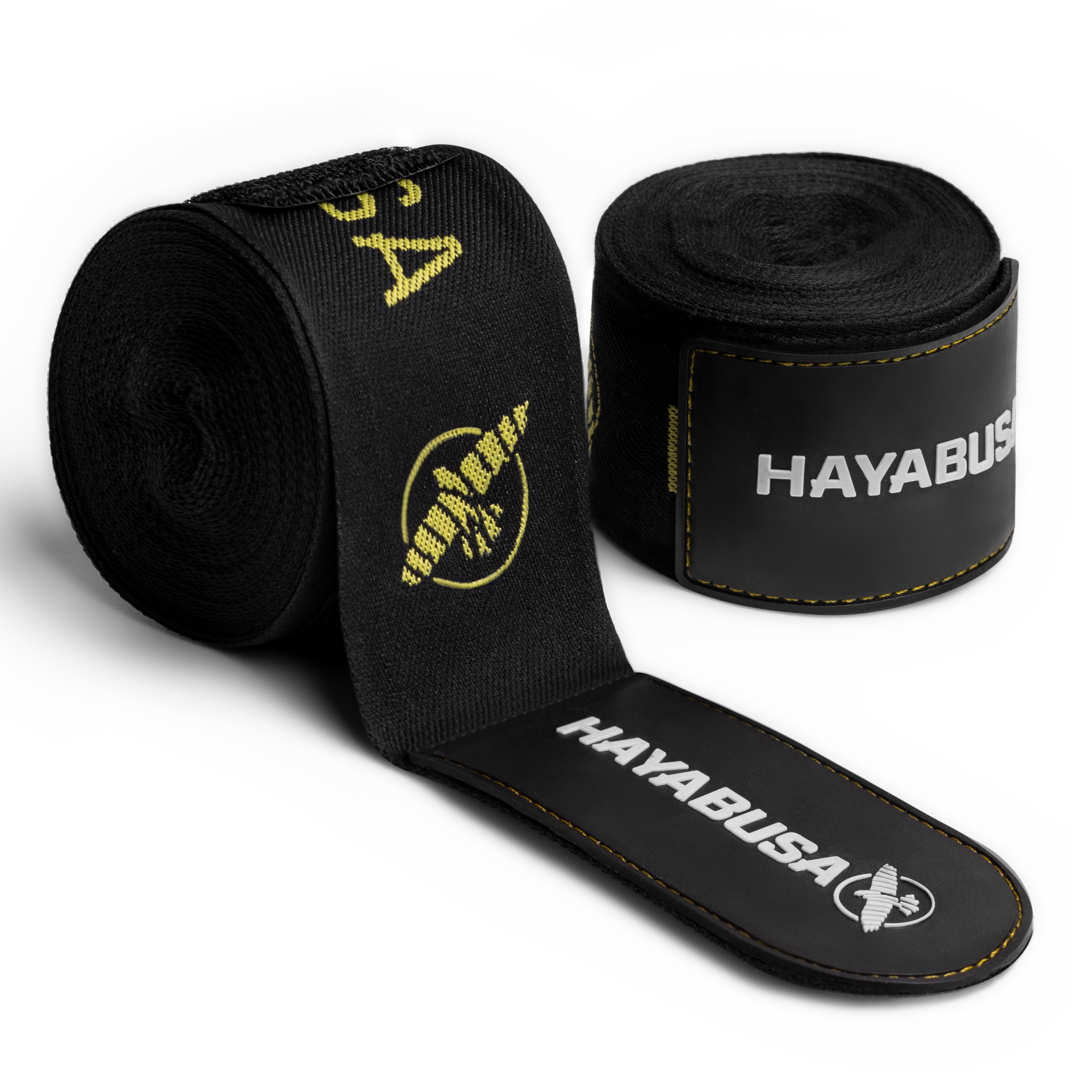 Coppia di bende da boxe Hayabusa Deluxe nere con dettagli e loghi color oro arrotolate