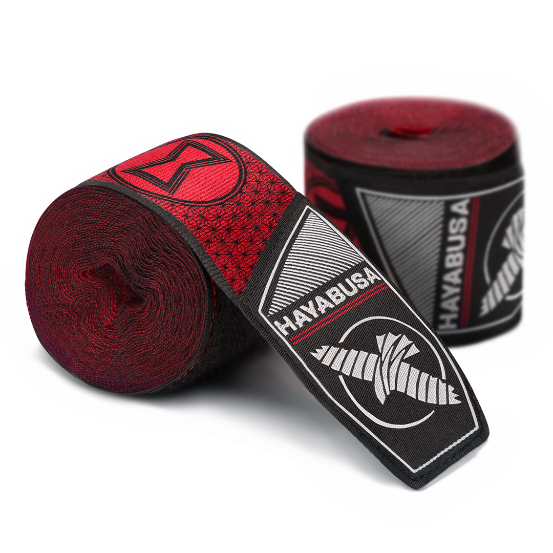Coppia di bende arrotolate Hayabusa Marvel Hero Elite Black Widow con logo clessidra rossa