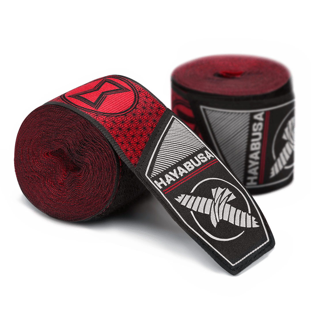 Paar Hayabusa Marvel Hero Elite Black Widow Rollbandagen mit rotem Sanduhr-Logo