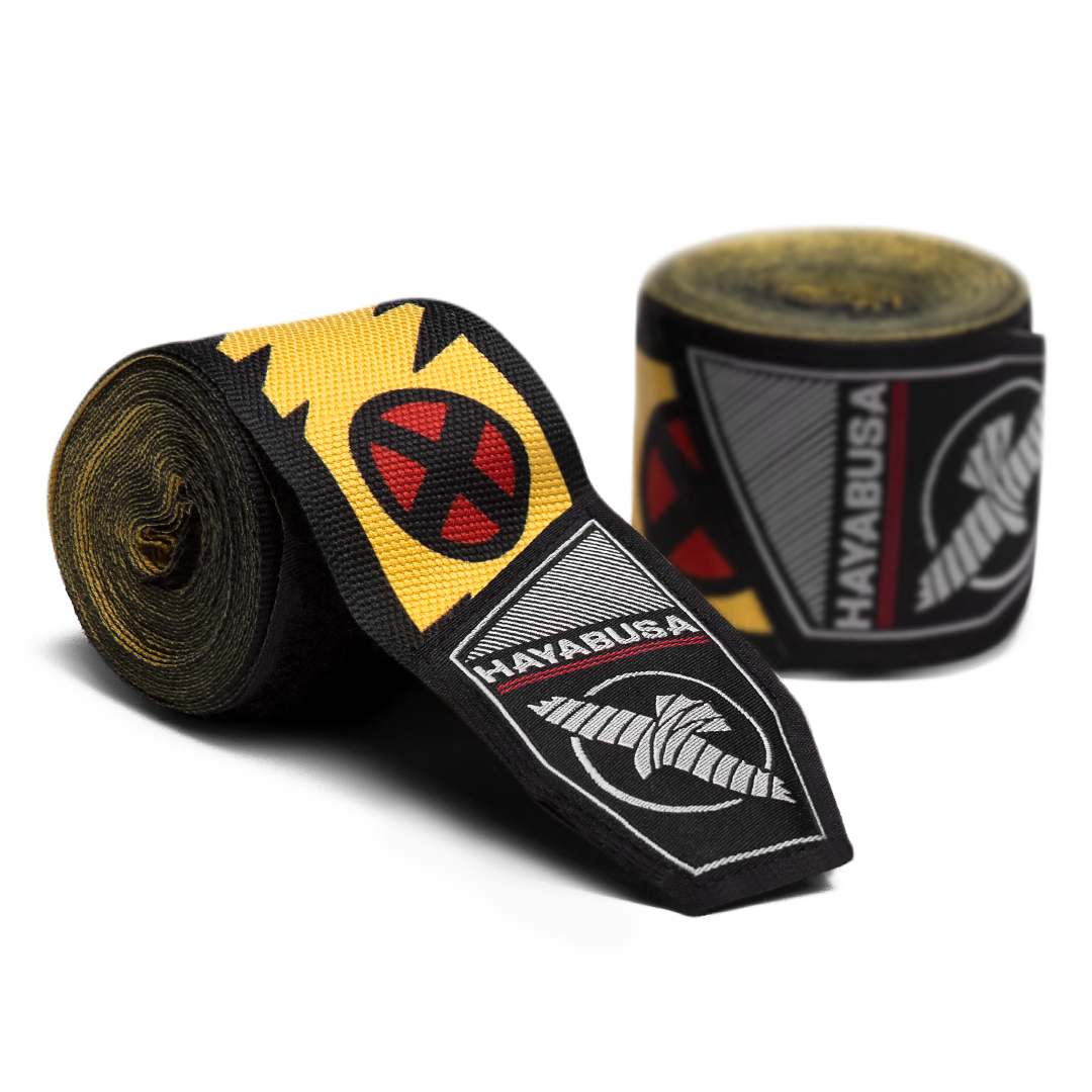 Coppia di bende arrotolate Hayabusa Marvel Hero Elite Wolverine con dettagli artigli e colori giallo/blu