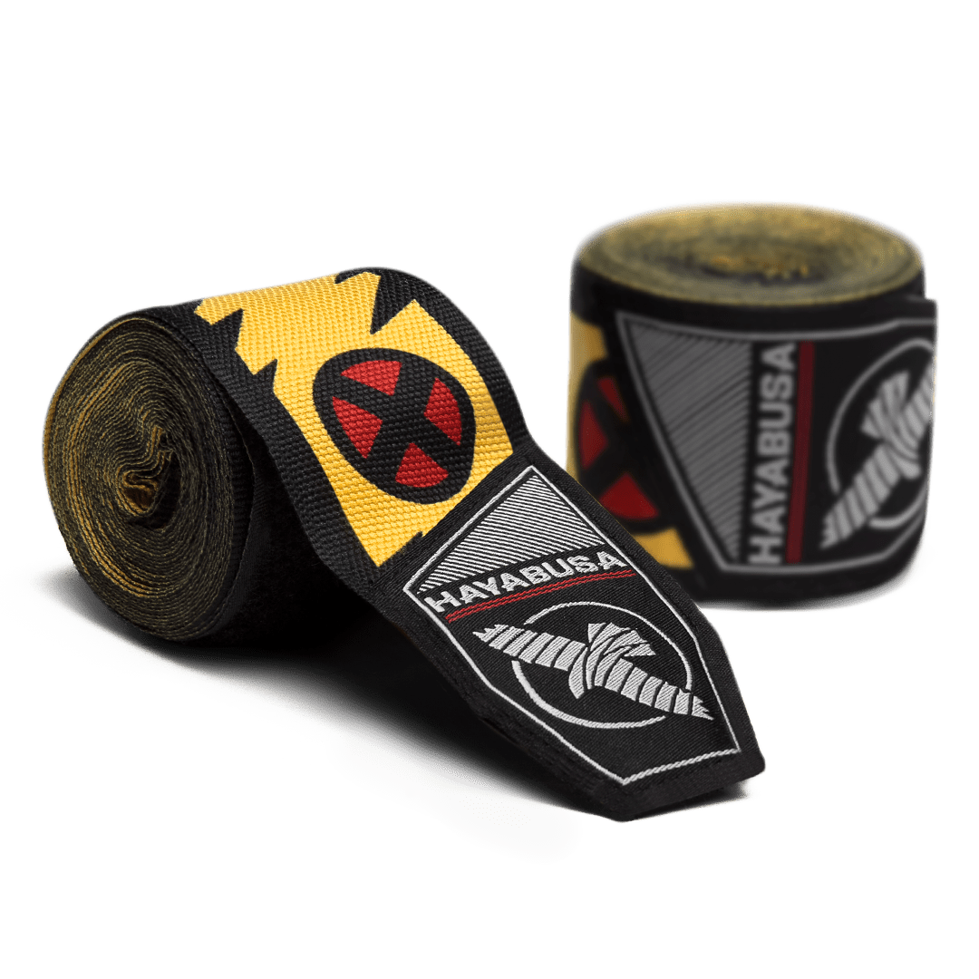 Paar Hayabusa Marvel Hero Elite Wolverine Rollbandagen mit Krallendetails und gelb/blauen Farben