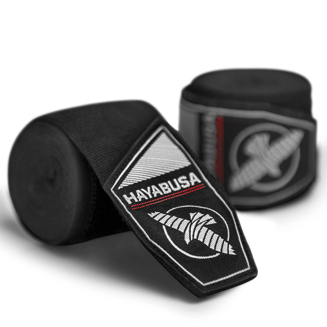 Coppia di bende da boxe nere Hayabusa Perfect Stretch Youth arrotolate per bambini