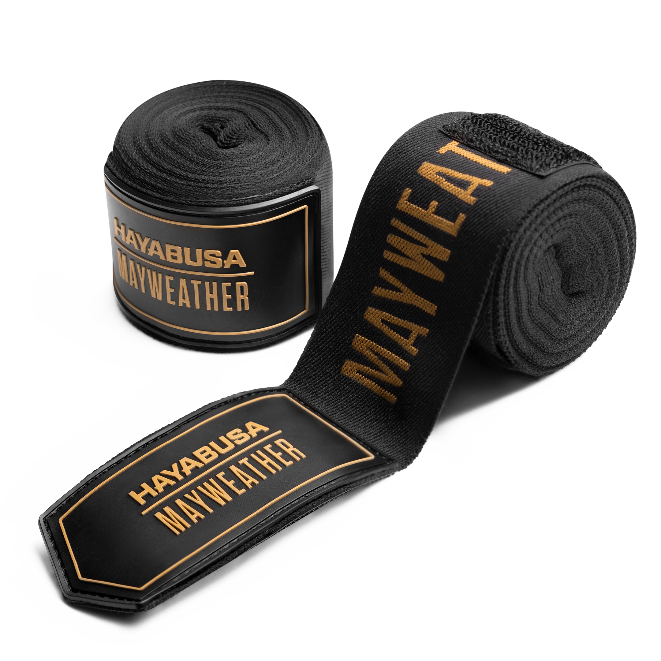 Coppia di bende da boxe Mayweather 180 pollici Deluxe nere e oro arrotolate, vista principale