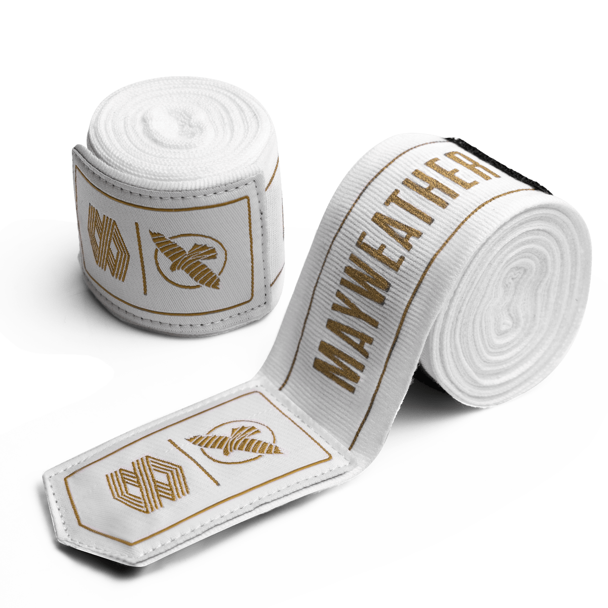 Pereche de bandaje elastice laminate Mayweather Hayabusa de 180 inch, alb curat, cu detalii și logo-uri aurii „MAYWEATHER” și „TMOB”
