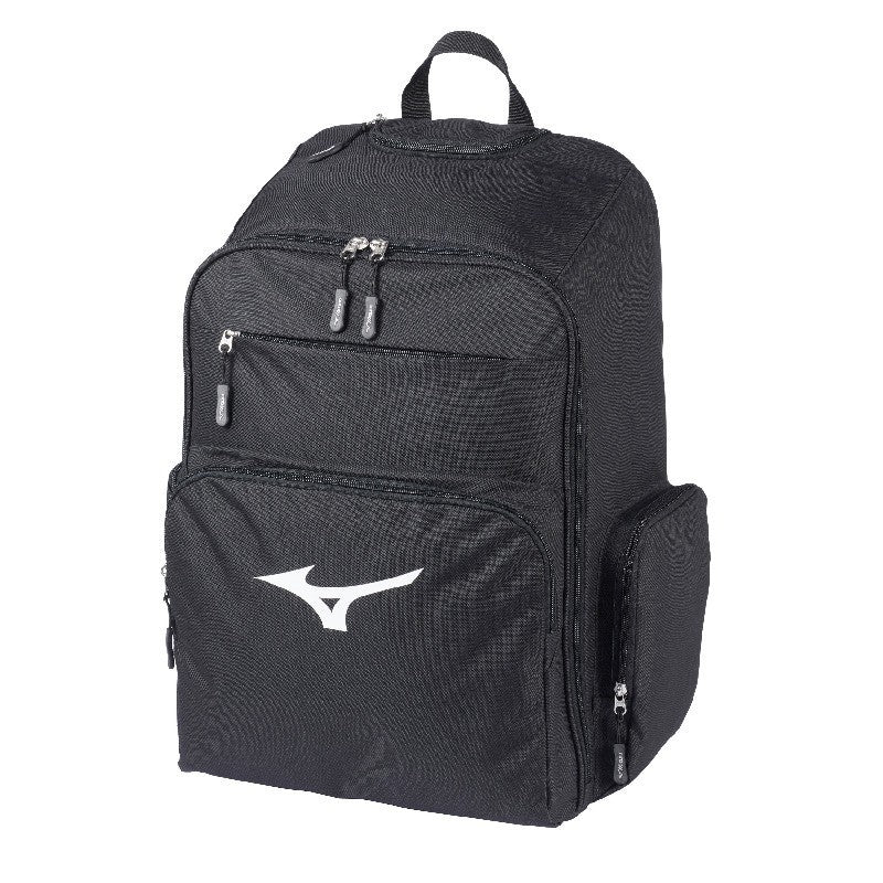 Vista frontale della borsa Trolley Mizuno RB nera con logo e scomparti visibili