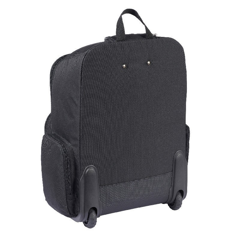 Vista posteriore della borsa Mizuno RB che mostra la struttura rinforzata e il sistema trolley