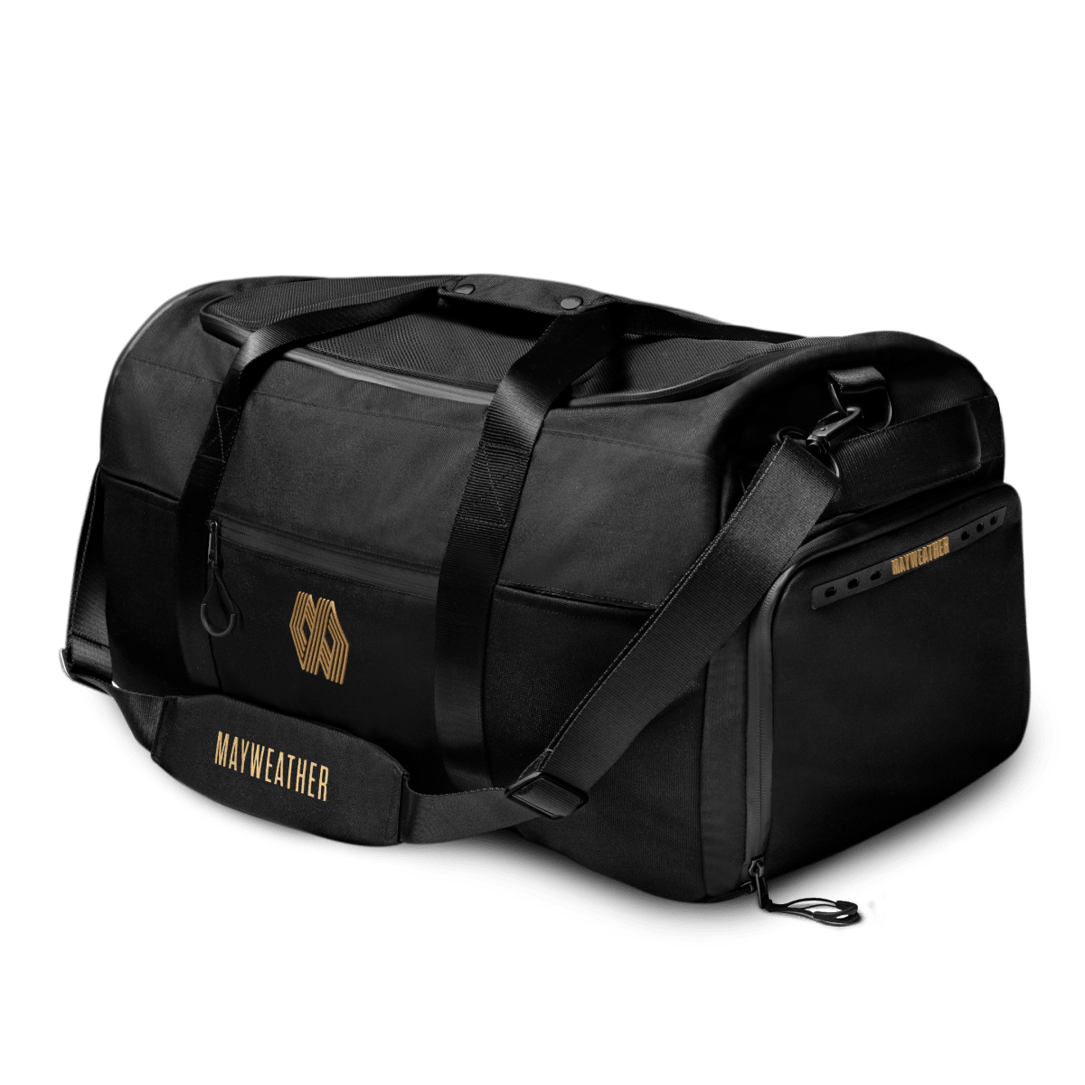 Vista frontal del saco de boxeo Mayweather Airstream Duffle negro y dorado