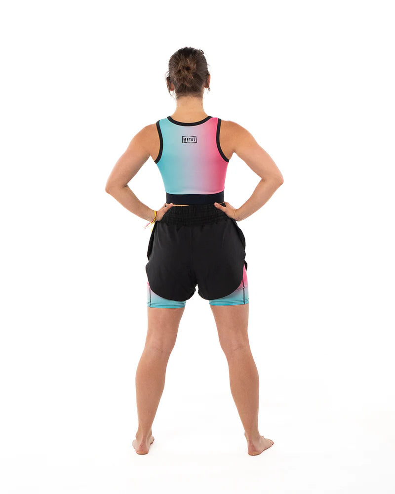 Vista posteriore della canotta compressiva donna Metal Boxe Miami Vibe con copertura integrale della schiena