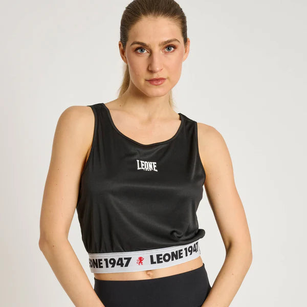 Vista frontale della canotta corta donna LEONE Stripe '47 nera con loghi a contrasto