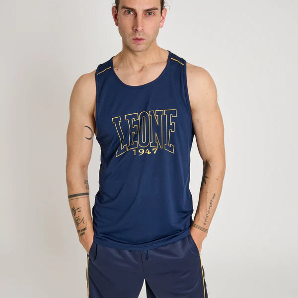 ista frontale della canotta sportiva blu Leone 1947 DNA per allenamento intenso