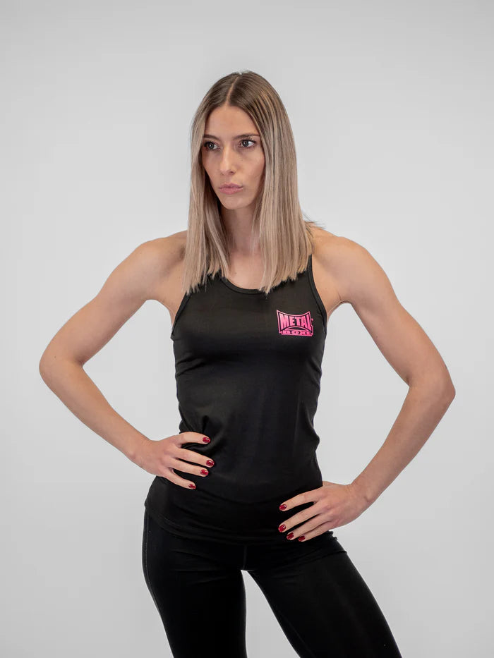 Vista frontale canotta sportiva donna Metal Boxe Water nera tessuto traspirante