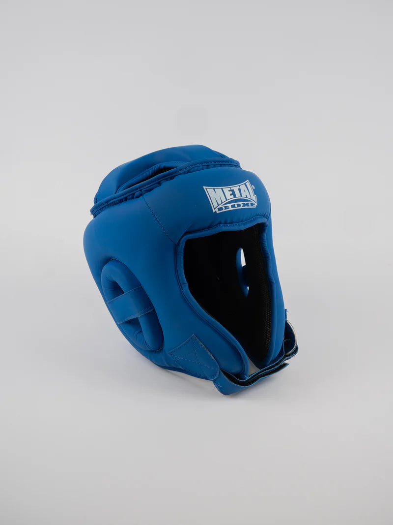 Vue de face du casque bleu Metal Boxe Competition, champ de vision large