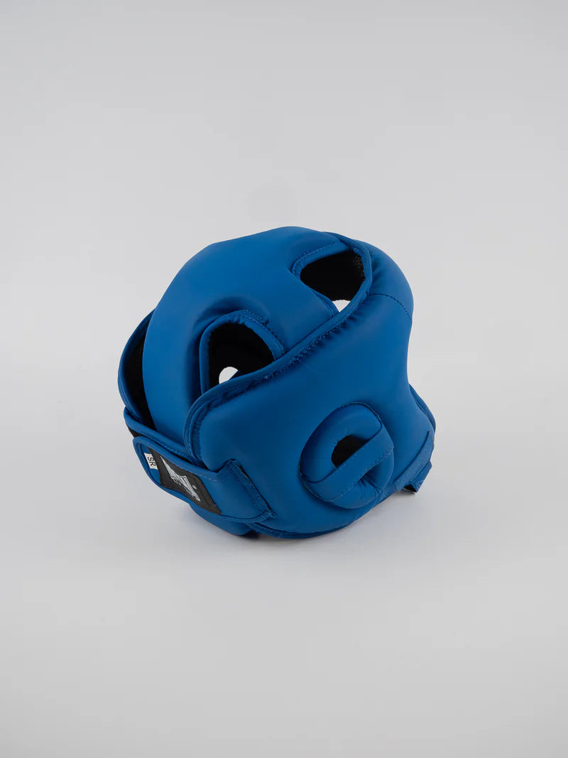Vista posteriore del caschetto Metal Boxe Competition blu con sistema di chiusura velcro