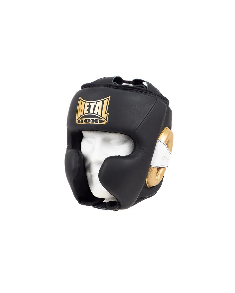 Vooraanzicht van de Metal Boxing Legacy-helm in zwart en goudleer, professioneel ontwerp