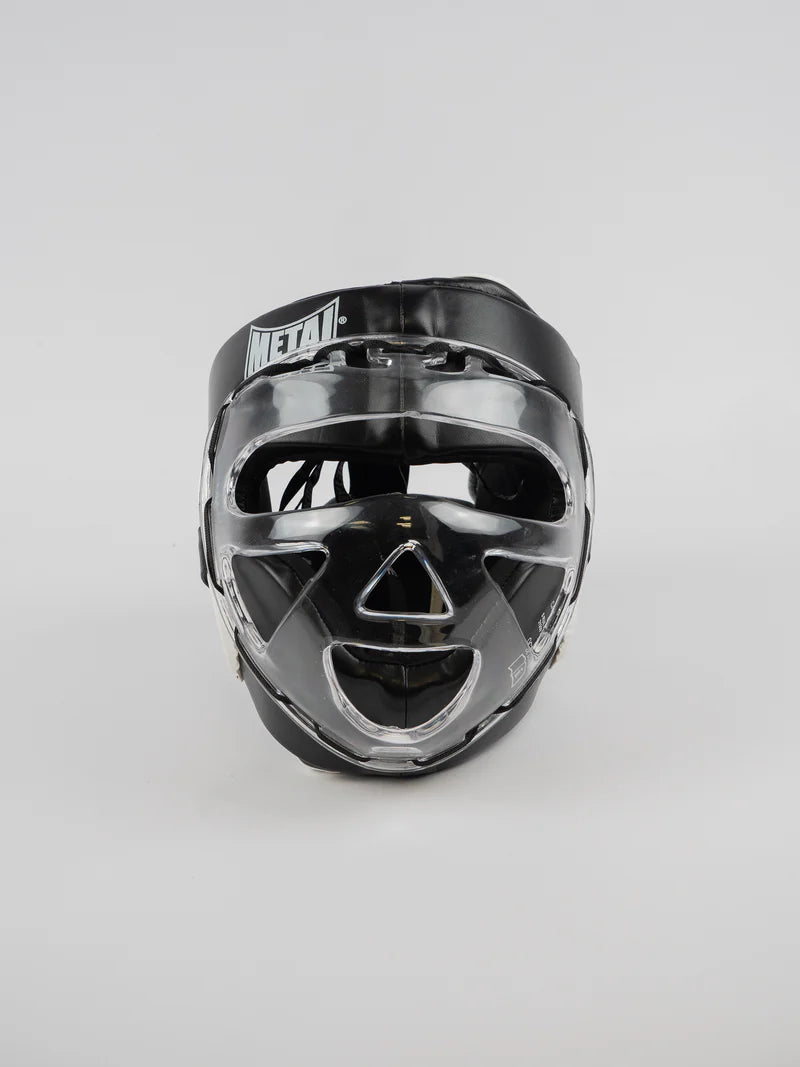 Vooraanzicht van de Metal Boxing-helm met geïntegreerd beschermend vizier van polycarbonaat
