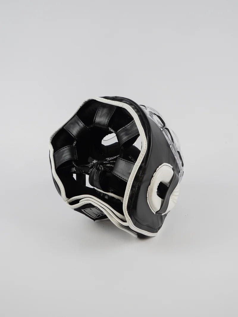 Rear view of the Metal Boxing helmet with velcro closure and laces on the shell