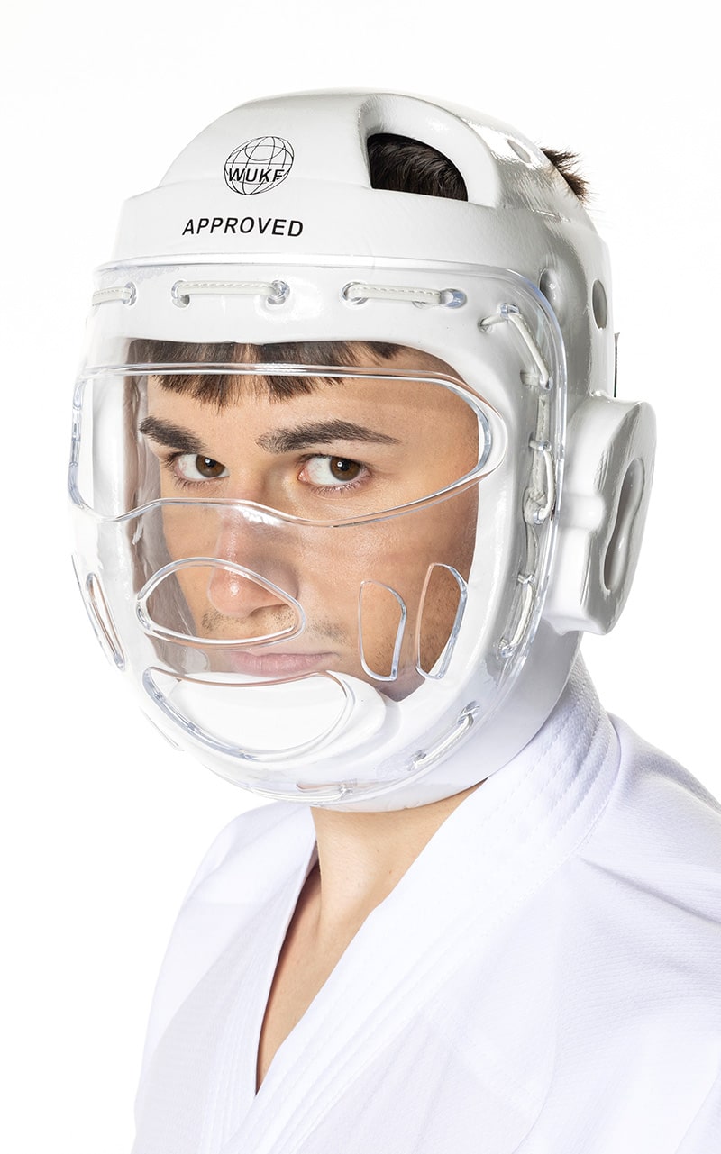 Casco da karate Tokaido Junior bianco omologato WUKF per competizioni internazionali.