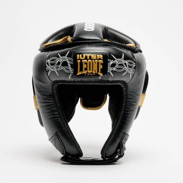 Vista frontale del casco LEONE x IUTER Barbed Wire con protezione per gli zigomi