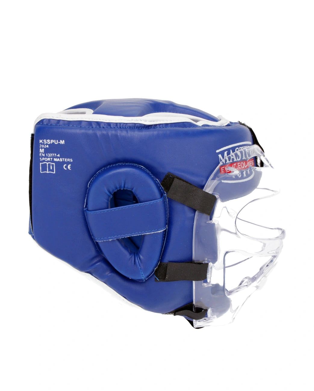 Vista di profilo del casco blu WAKO con visiera trasparente ad alta resistenza