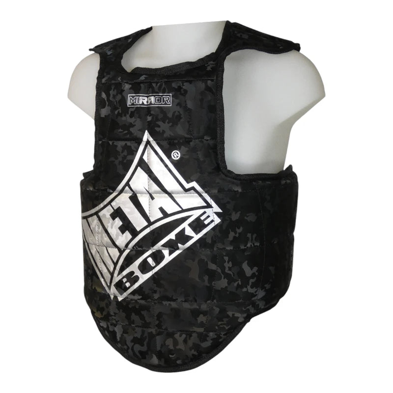 Vista frontale del corpetto protettivo Metal Boxe Body Armour con finitura Mirror argento