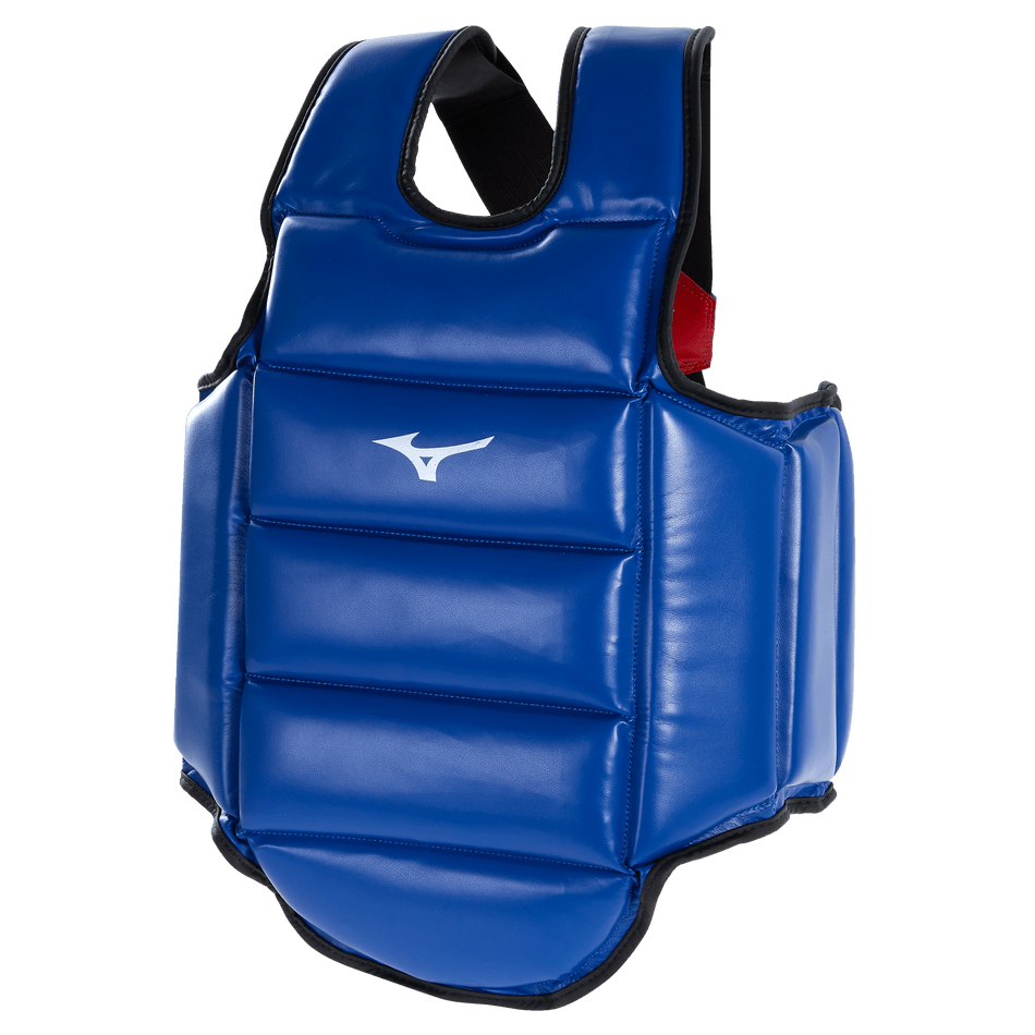 Omkeerbaar Mizuno-vest voor karate en vechtsporten met centraal Runbird-logo.