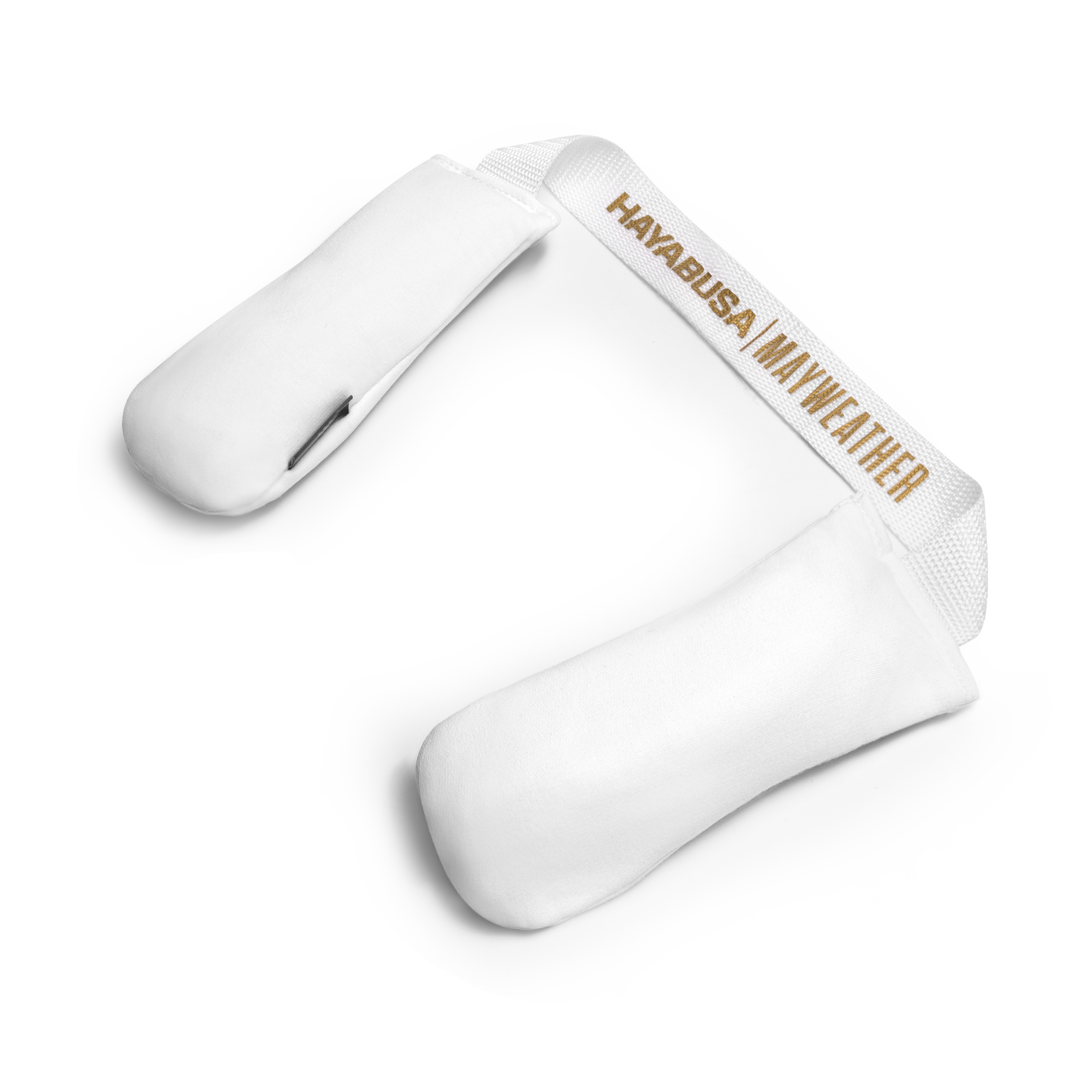 Coppia di deodoranti per guantoni Mayweather Boxing bianchi con loghi oro, vista frontale