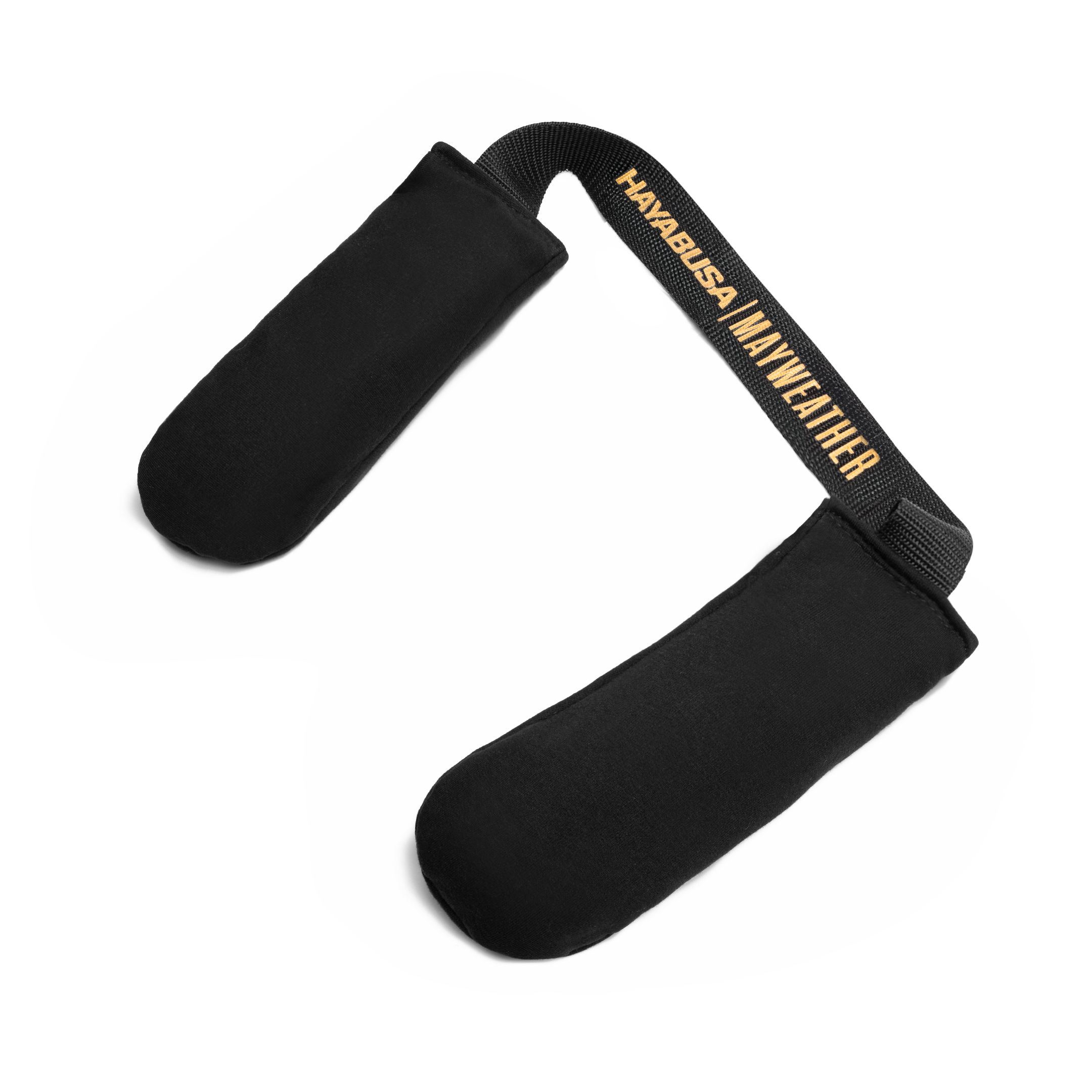 Coppia di deodoranti per guantoni Mayweather Boxing neri con loghi oro, vista frontale