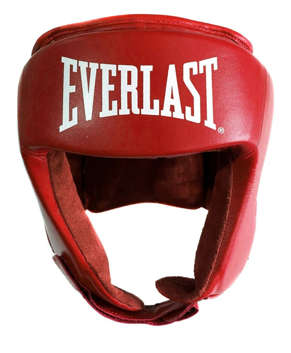 Casco da pugilato Everlast Amateur Competition Headgear in pelle rossa con logo Everlast bianco sulla fronte e cinturini di protezione auricolare.