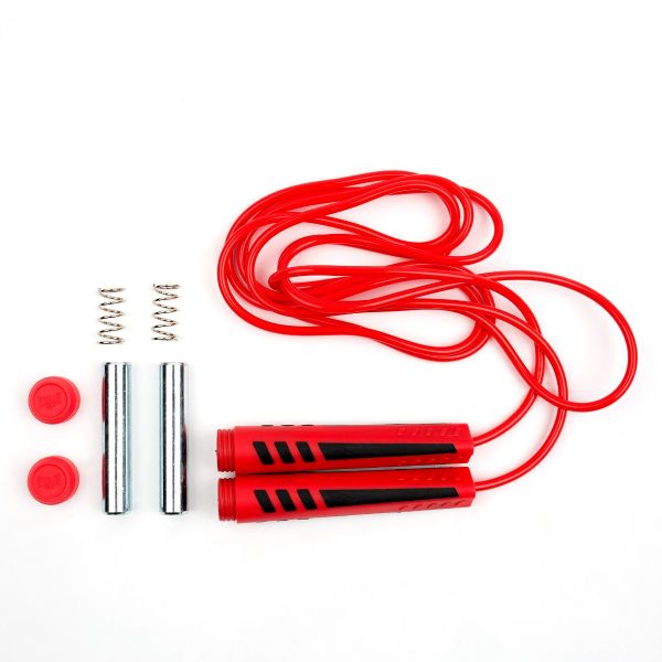 Corda per saltare zavorrata Everlast Weighted Jump Rope di colore rosso con pesi cilindrici in metallo, molle interne e tappi di chiusura rimovibili visibili a lato dei manici.