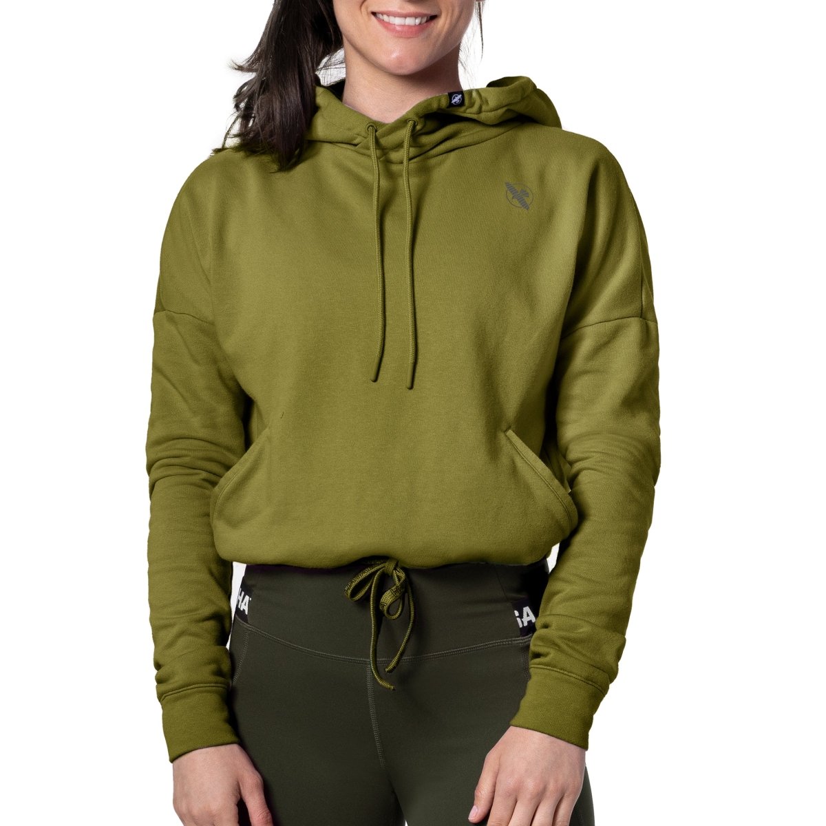 Vooraanzicht van het gemêleerde olijfgroene cropped sweatshirt Hayabusa, ideaal voor de actieve levensstijl