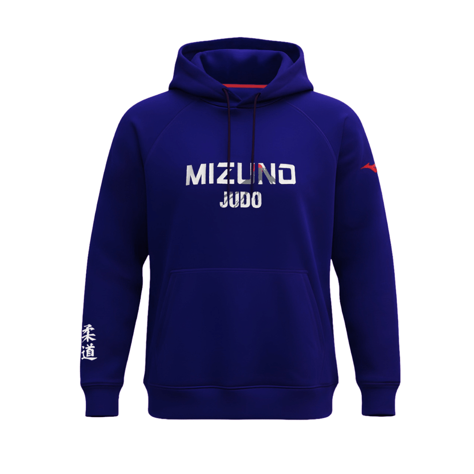 Blaues Mizuno Fuji Judo-Sweatshirt mit Kängurutasche.