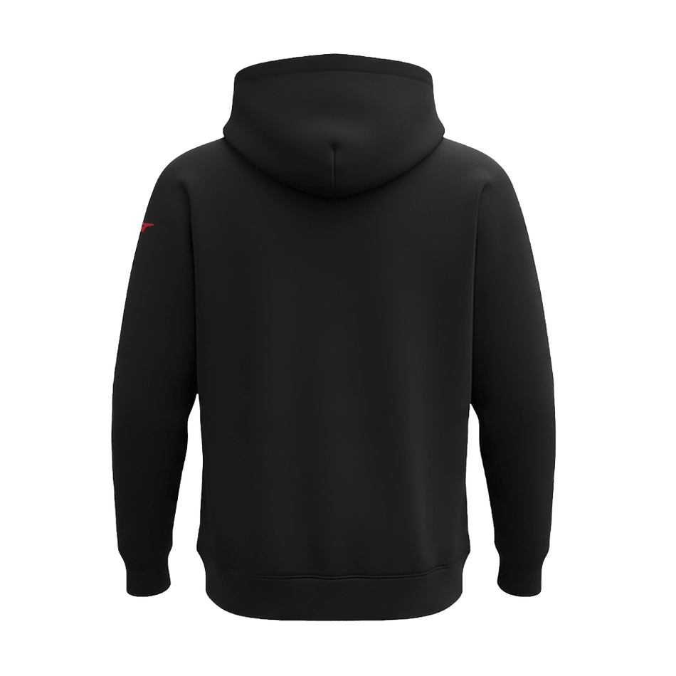 Judo Mizuno Fuji Sweatshirt auf der Rückseite mit schwarzer Kapuze und weißen Logos.