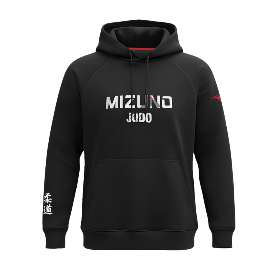 Mizuno Fuji Judo Sweatshirt mit schwarzer Kapuze und weißen Logos.