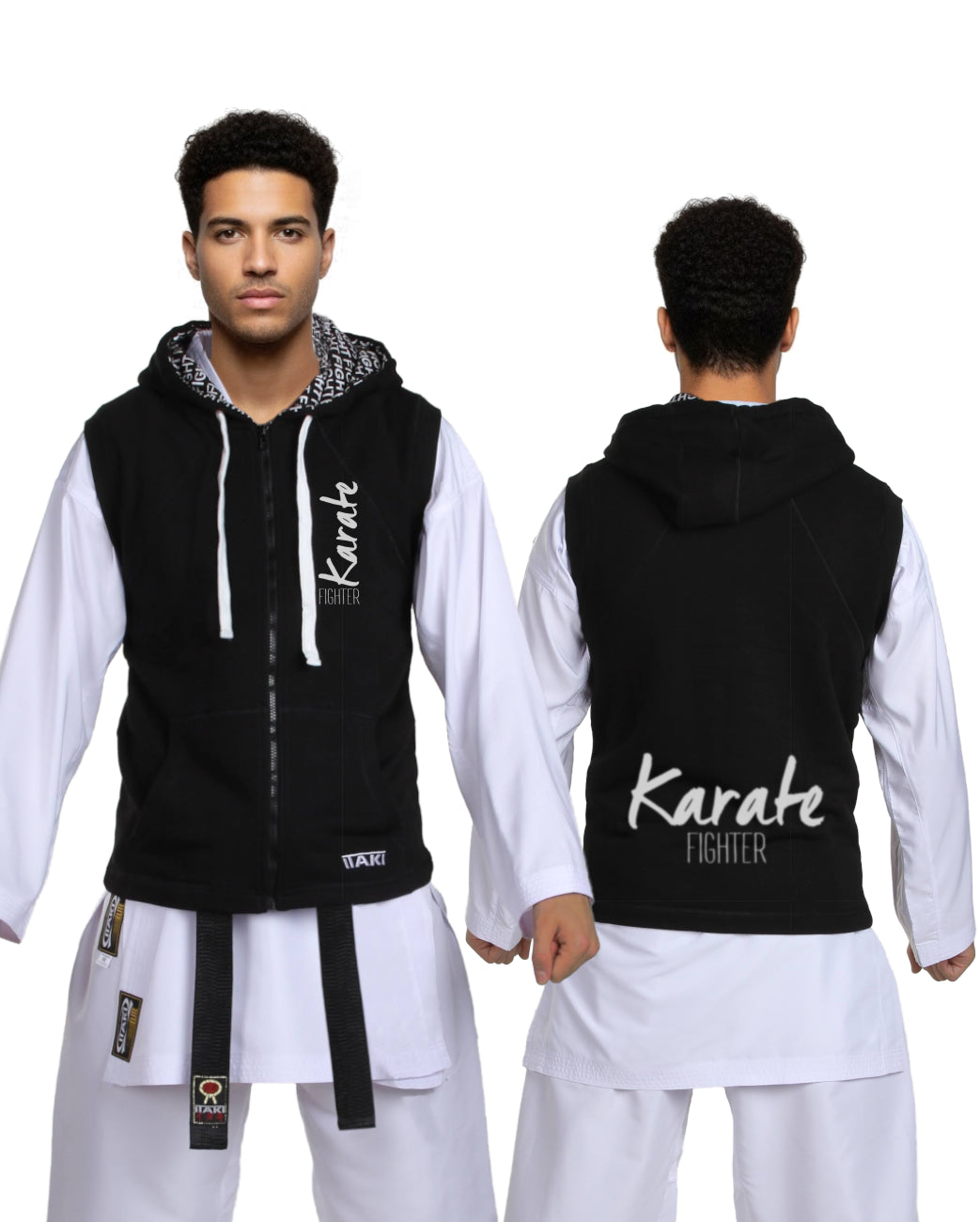 Dettaglio frontale felpa smanicata Itaki nero con scritta Fighter e cappuccio