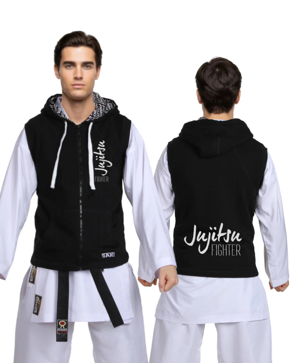 Czarna bluza bez rękawów Itaki Jiu Jitsu z kapturem i zamkiem dla zawodników BJJ