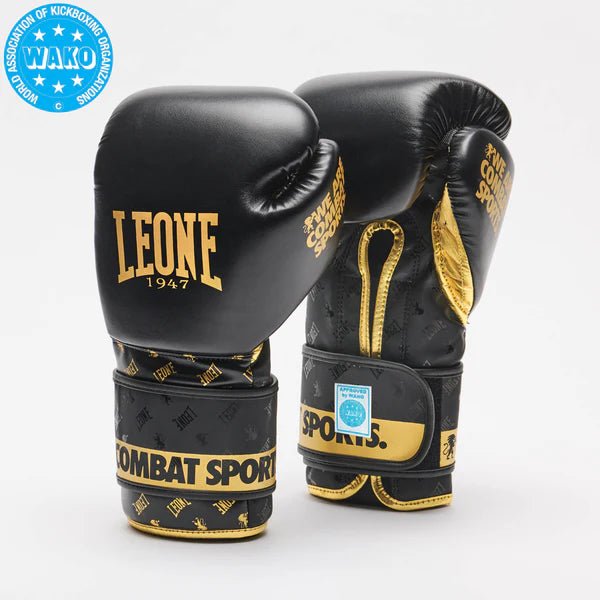 Paire de gants DNA Leone 1947 noirs et dorés Approuvés WAKO positionnés devant