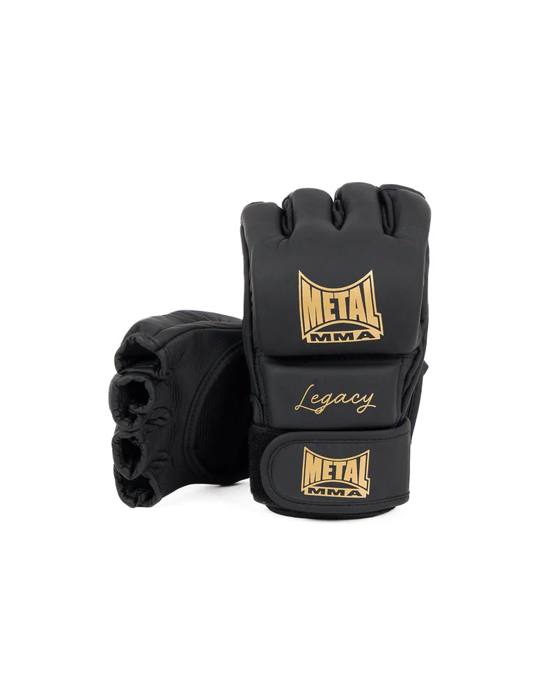 Vedere frontală MMA Metal Boxing Gloves Legacy din piele neagră și aurie