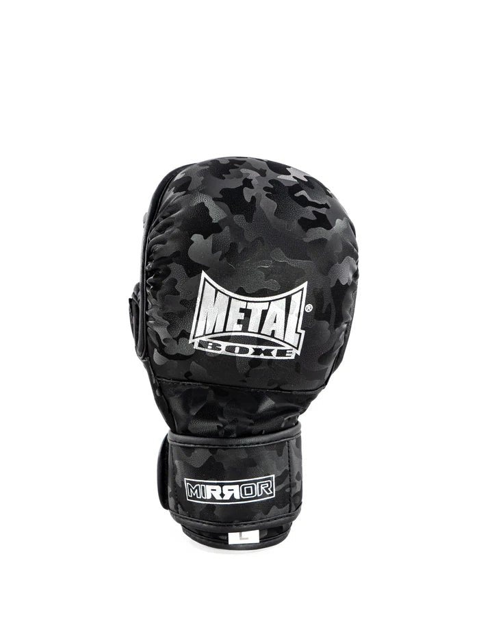 Vedere frontală MMA Sparring Mirror Metal neagră Mănuși de box, căptușeală degetelor