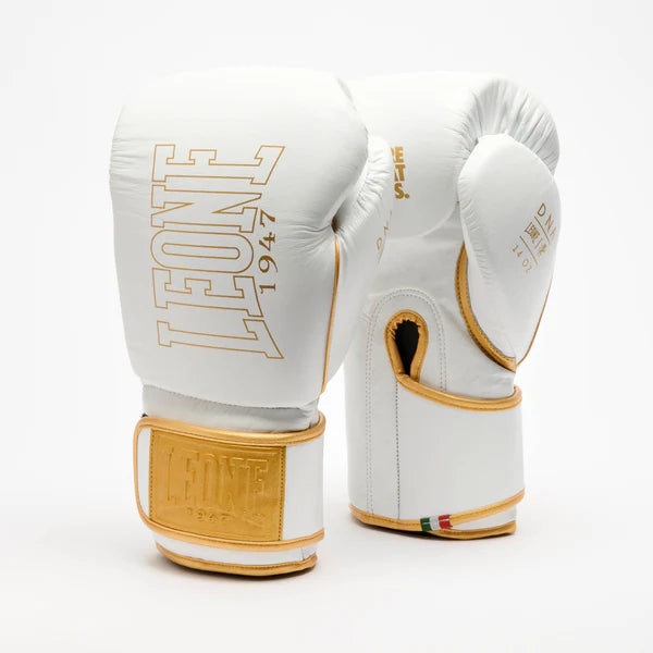 Eleganti guantoni da boxe bianchi LEONE DNA Premium in pelle di bufalo