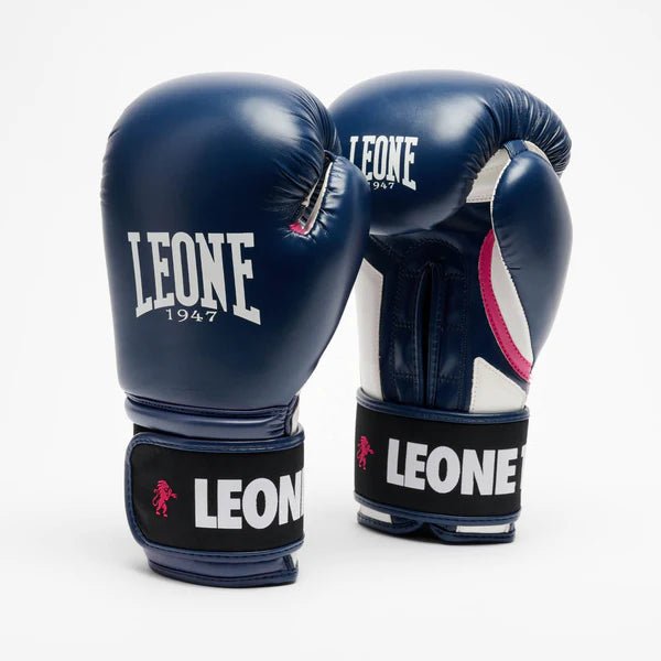 Paire de gants de boxe LEONE Stripe '47 bleus avec détails graphiques contrastés