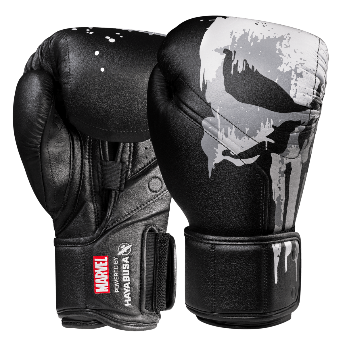 Paar schwarze Hayabusa Marvel Punisher Kinder-Boxhandschuhe mit Totenkopf-Logo