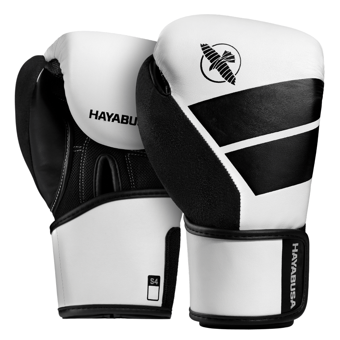 Paire de gants de boxe Hayabusa S4 blancs pour enfant avec logos noirs