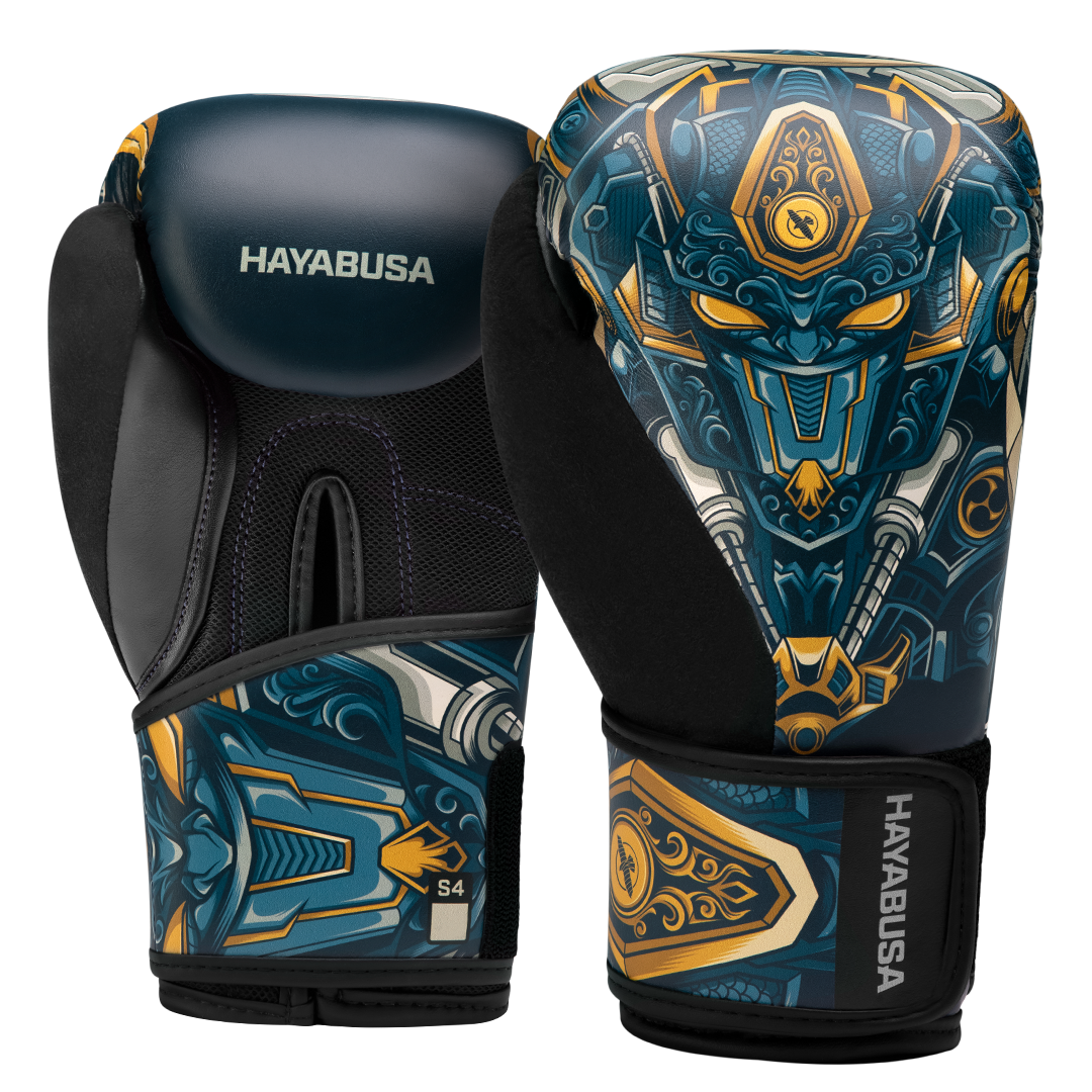 Coppia di guantoni da boxe Hayabusa S4 Youth Epic per bambini con grafica robot spaziali blu e gialli