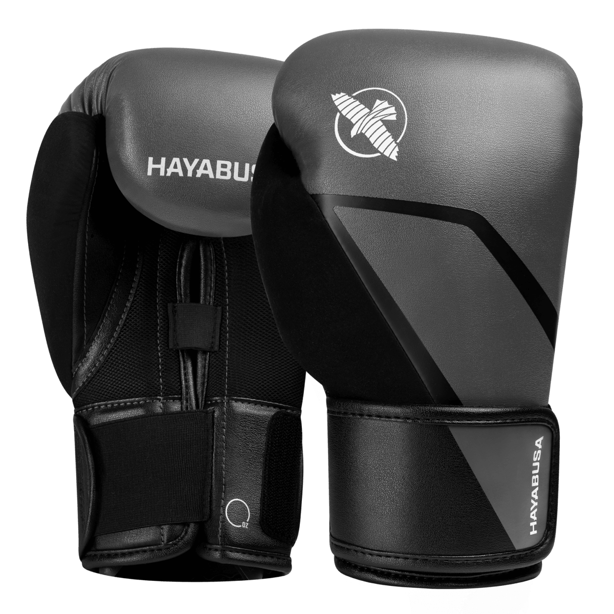 Set aus grauen Hayabusa E1 Boxhandschuhen mit schwarzer Handfläche und Details