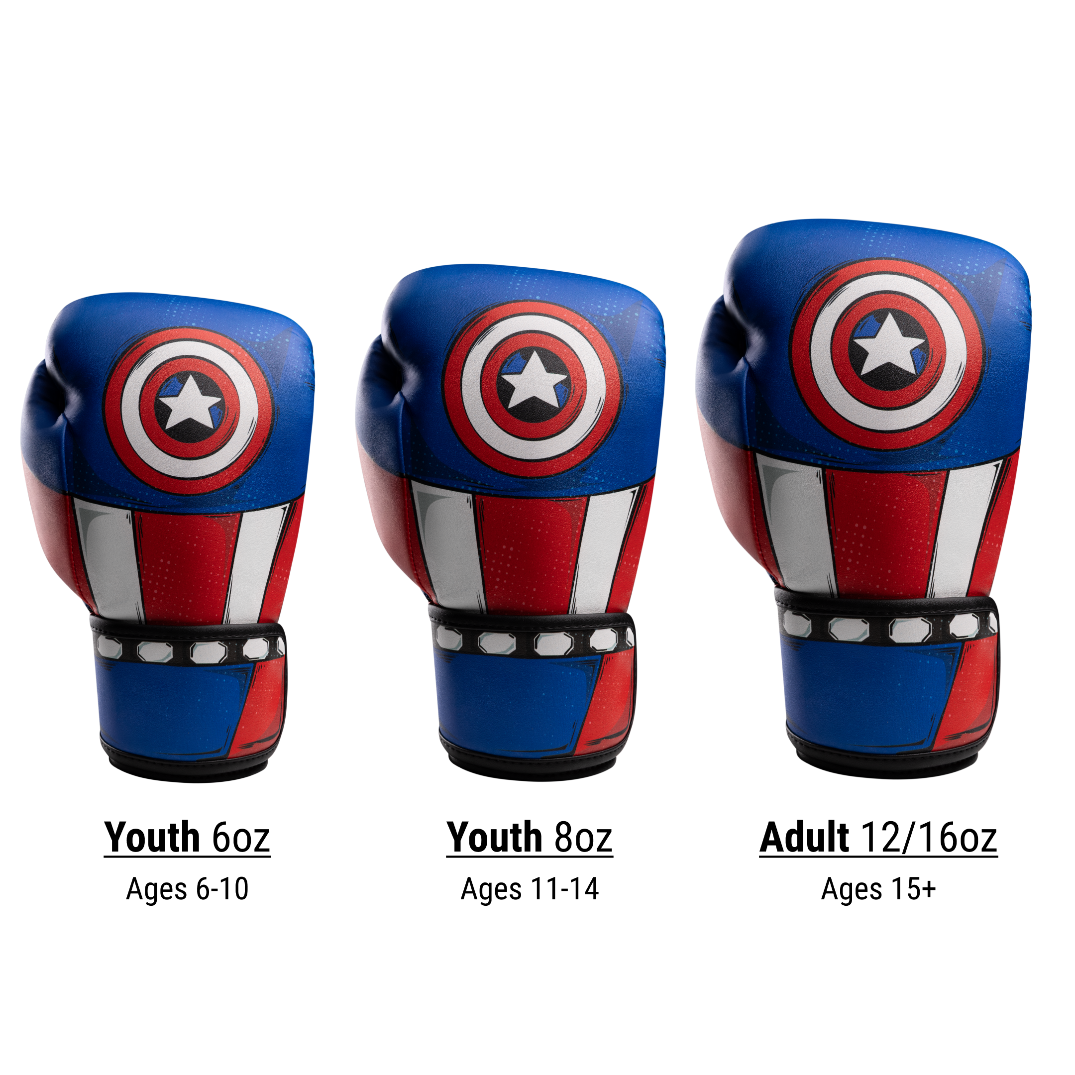 Tabella delle taglie per guantoni Captain America suddivisa tra taglie bambini e adulti