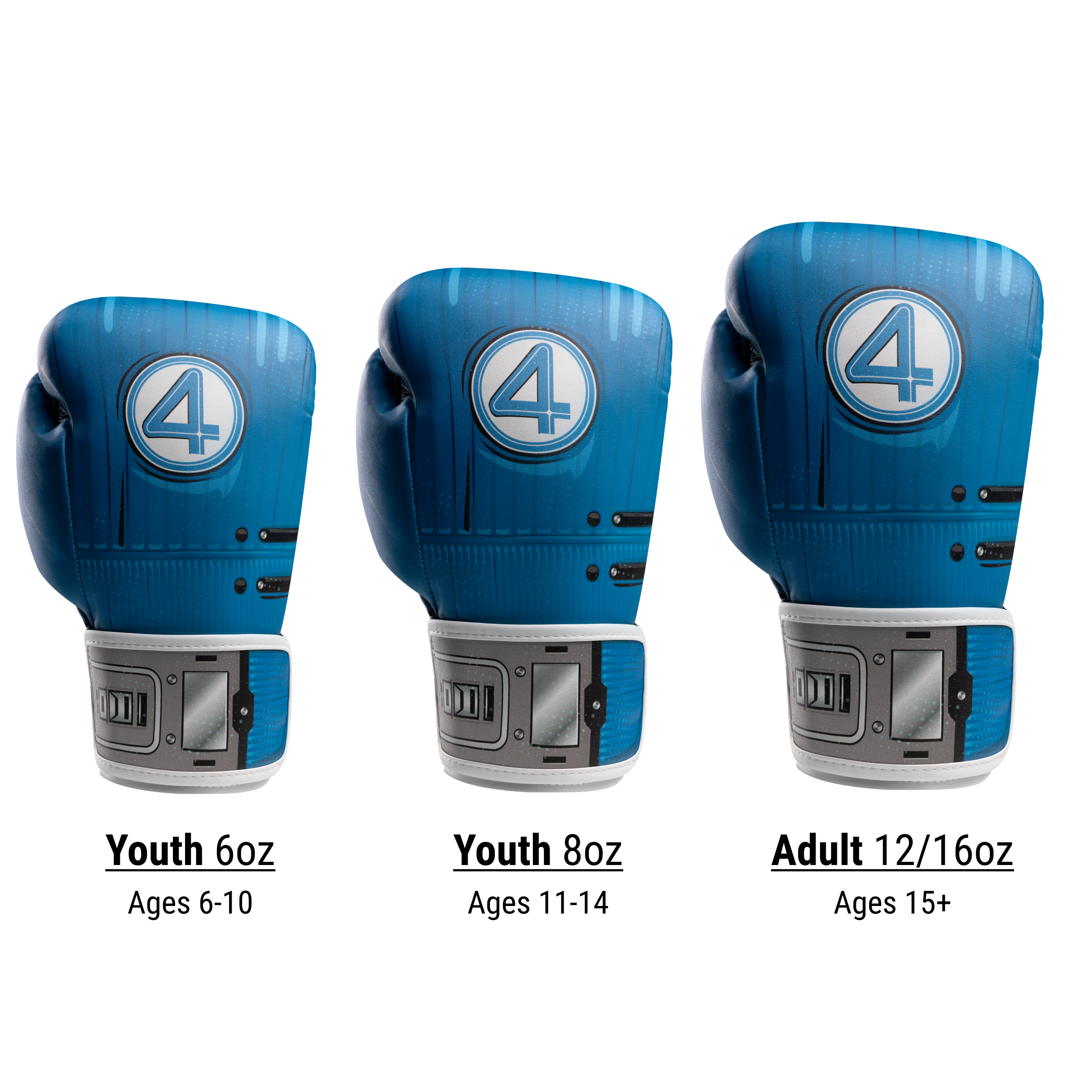 Tabella delle taglie per guantoni Fantastici Quattro suddivisa tra taglie bambini e adulti