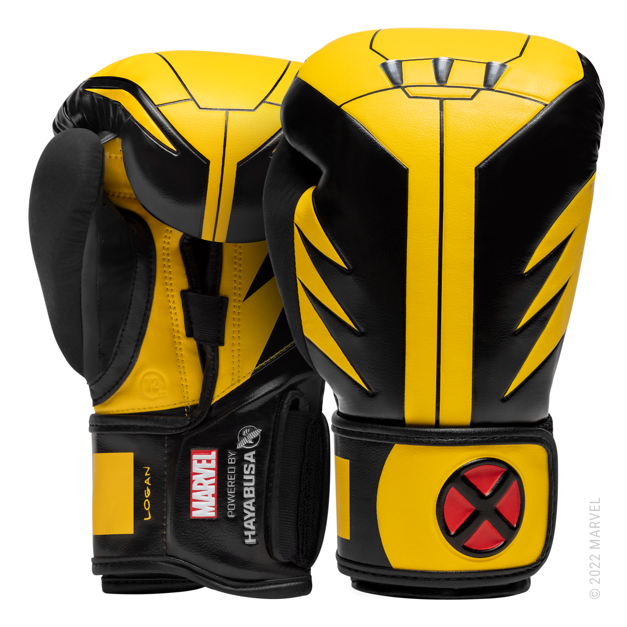 Coppia di guantoni da boxe Hayabusa Marvel Wolverine Hero Elite gialli e neri, vista d'insieme