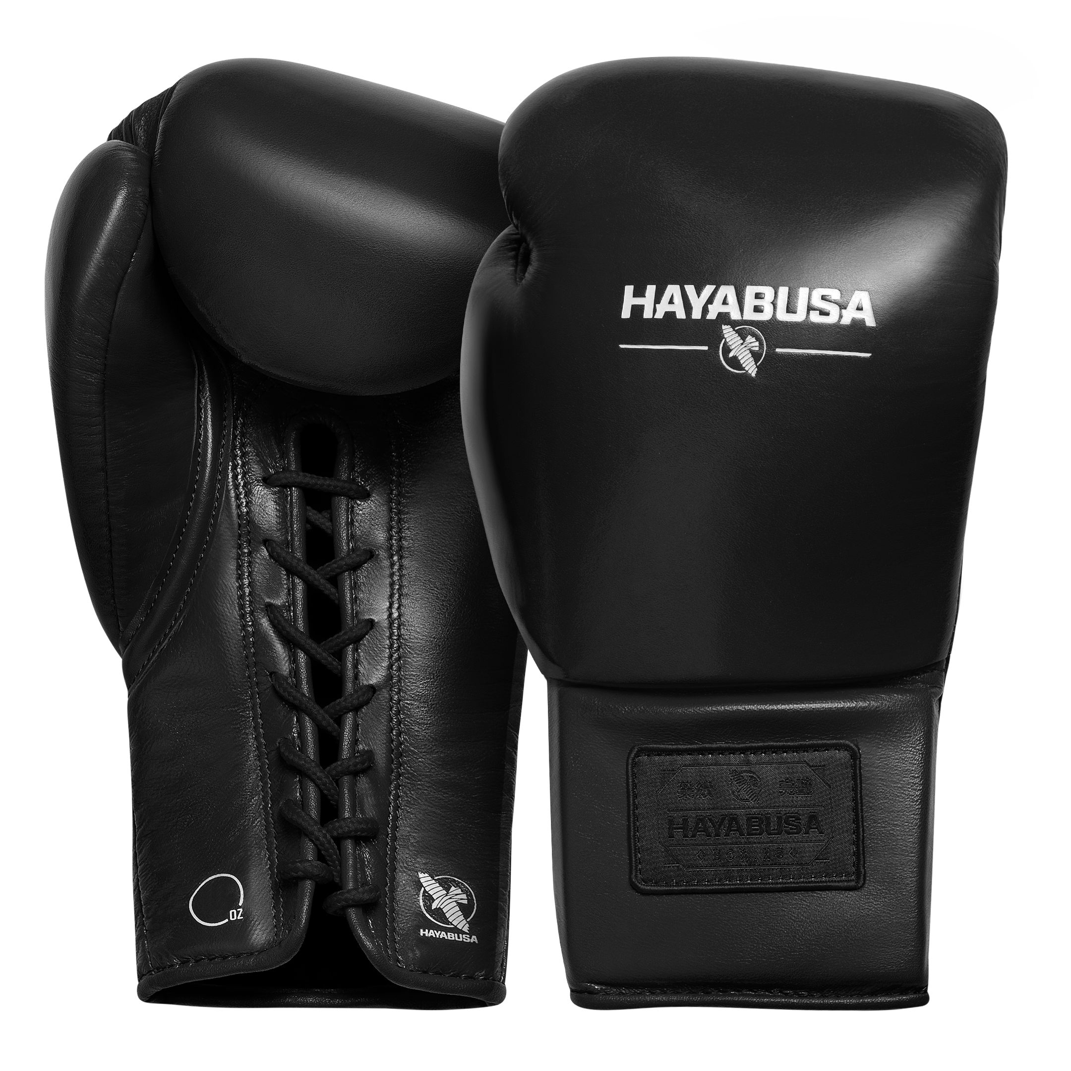 Coppia di guantoni da boxe con lacci Hayabusa Pro Lace neri, vista d'insieme con borsa in microfibra