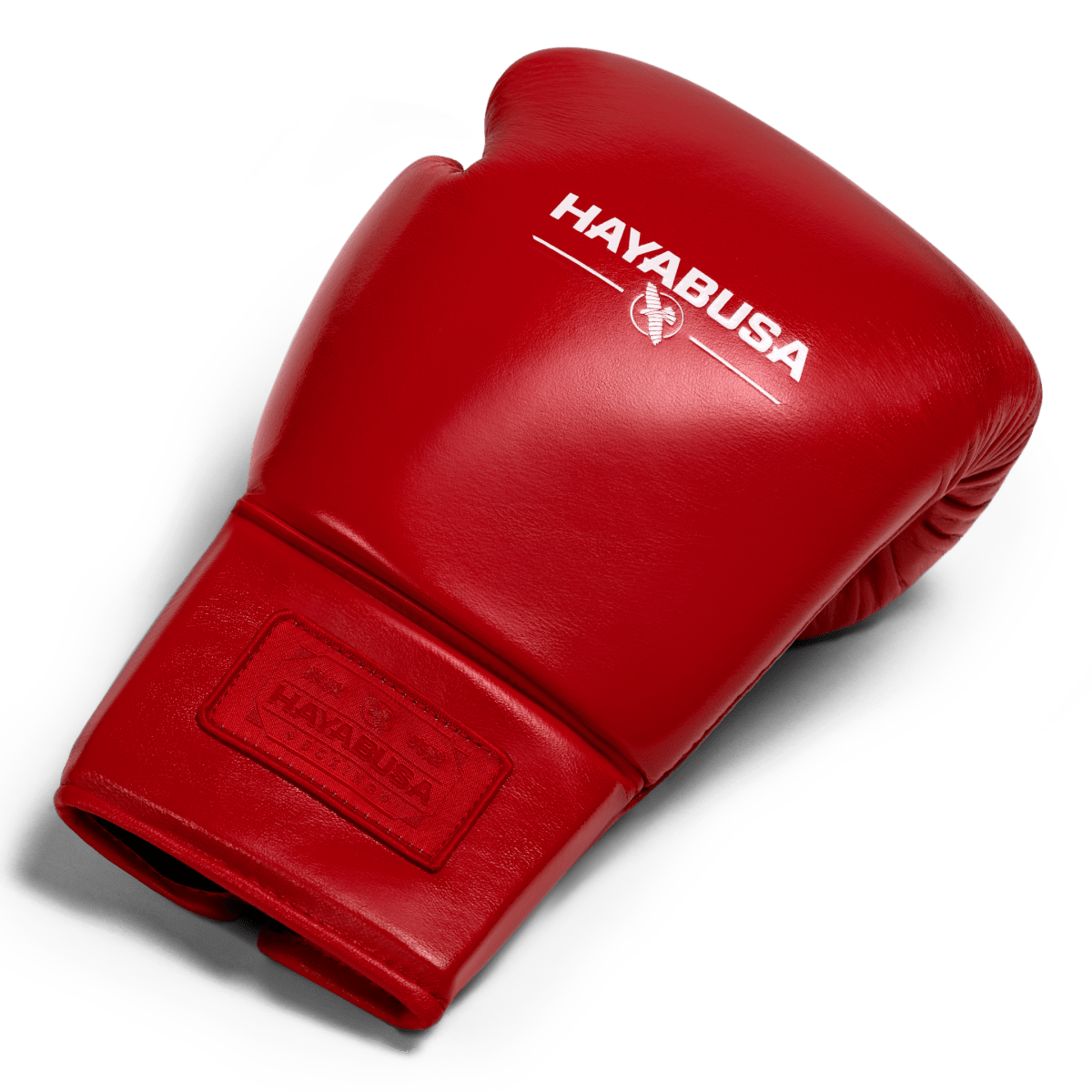 Draufsicht auf einen einzelnen roten Boxhandschuh Hayabusa Pro Lace mit Polsterung und Vollnarbenleder